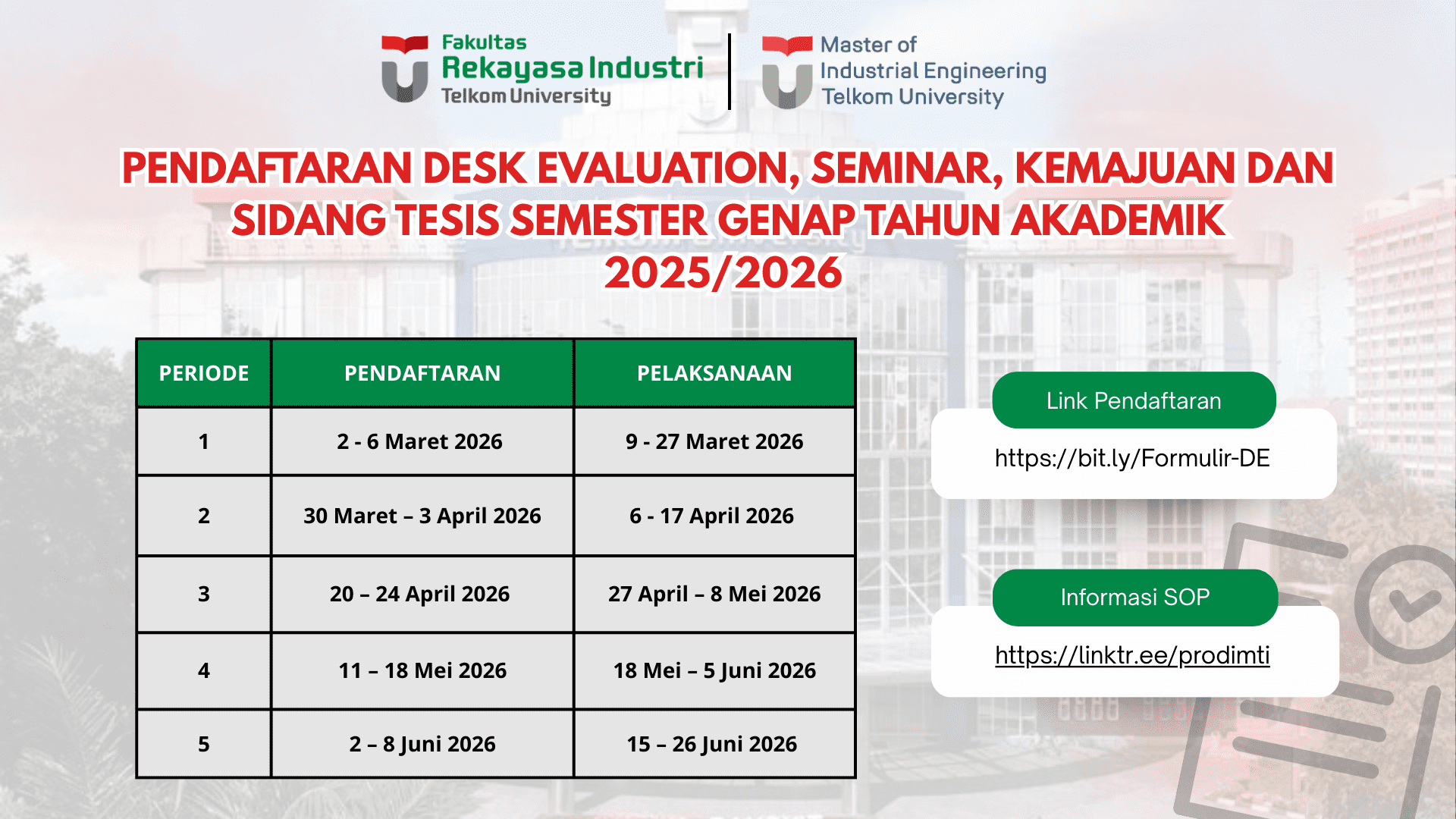 Program Studi Magister Teknik Industri Fakultas Rekayasa Industri Telkom University secara resmi mengumumkan pembukaan pendaftaran Desk Evaluation (DE), Seminar Proposal Tesis, Sidang Kemajuan Tesis dan Sidang Tesis untuk Periode Semester Genap 2025/2026. 